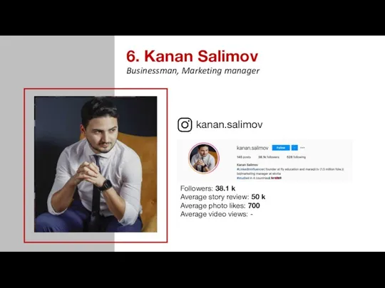 6. Kanan Salimov kanan.salimov Businessman, Marketing manager Followers: 38.1 k Average story