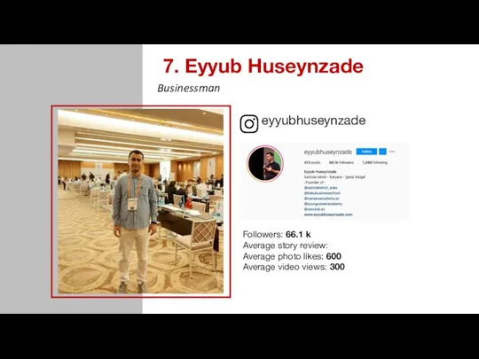 7. Eyyub Huseynzade eyyubhuseynzade Followers: 66.1 k Average story review: Average photo