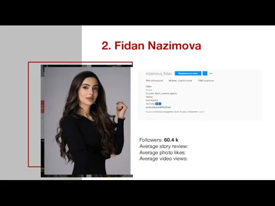 2. Fidan Nazimova Followers: 60.4 k Average story review: Average photo likes: Average video views: