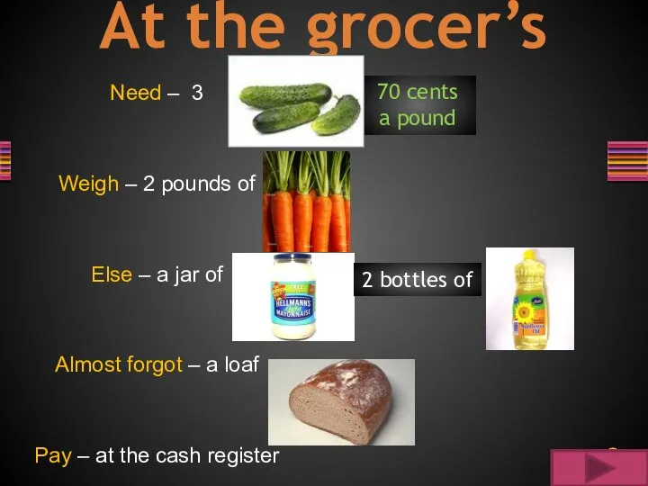 At the grocer’s Need – 3 Weigh – 2 pounds of Else