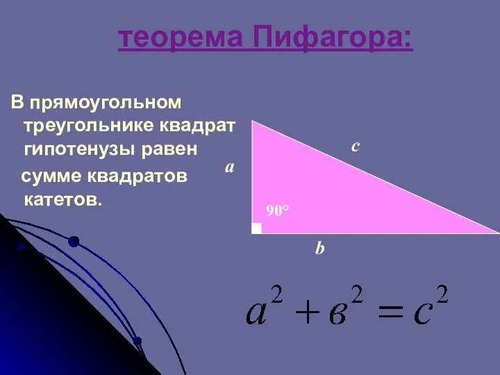 теорема Пифагора: В прямоугольном треугольнике квадрат гипотенузы равен сумме квадратов катетов.