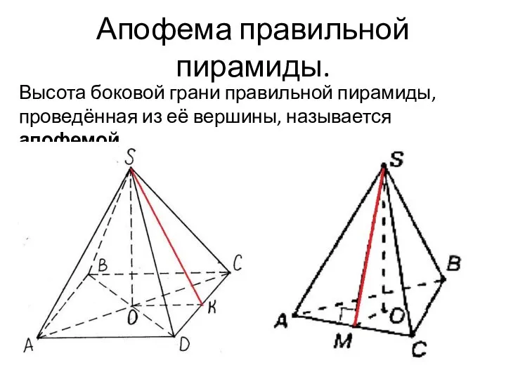 Апофема правильной пирамиды. Высота боковой грани правильной пирамиды, проведённая из её вершины, называется апофемой.