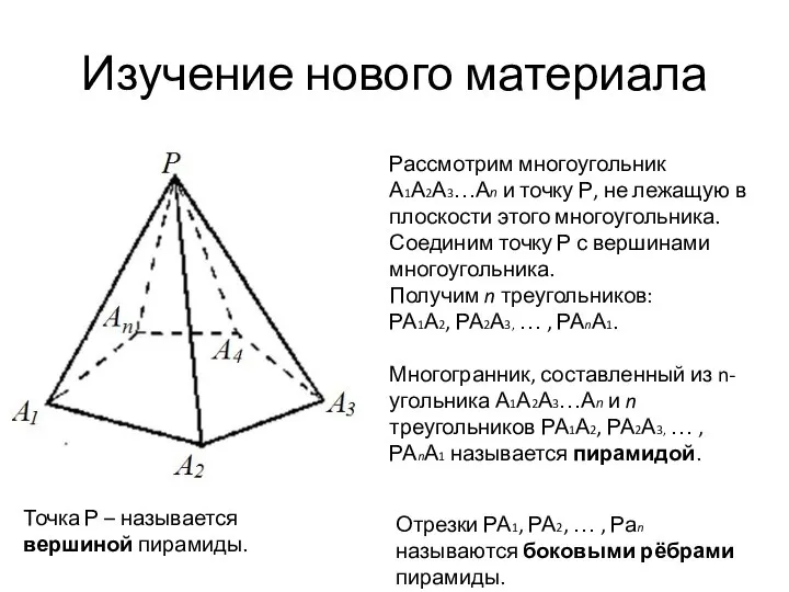 Изучение нового материала Рассмотрим многоугольник А1А2А3…Аn и точку Р, не лежащую в