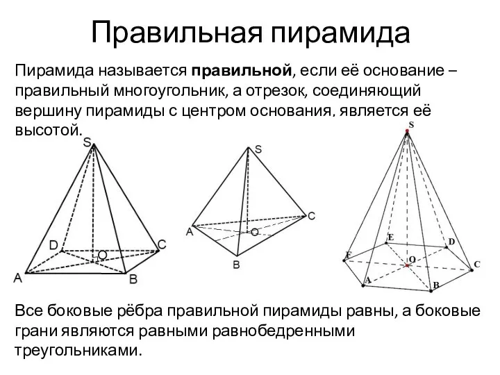Правильная пирамида Пирамида называется правильной, если её основание – правильный многоугольник, а
