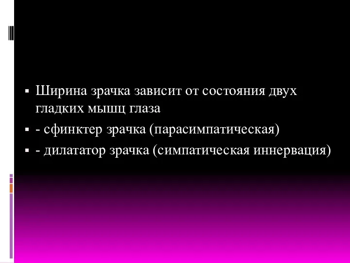 Ширина зрачка зависит от состояния двух гладких мышц глаза - сфинктер зрачка