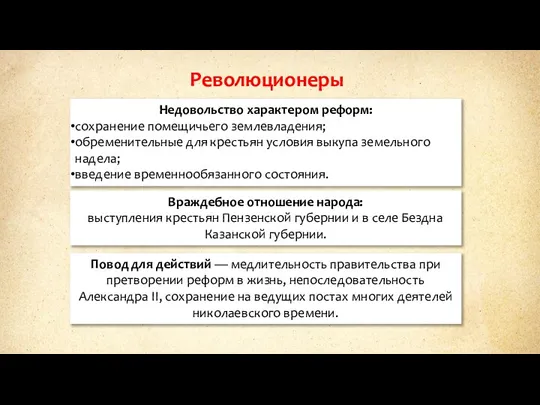 Революционеры Недовольство характером реформ: сохранение помещичьего землевладения; обременительные для крестьян условия выкупа