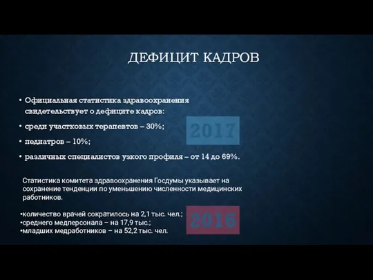 ДЕФИЦИТ КАДРОВ Официальная статистика здравоохранения свидетельствует о дефиците кадров: среди участковых терапевтов