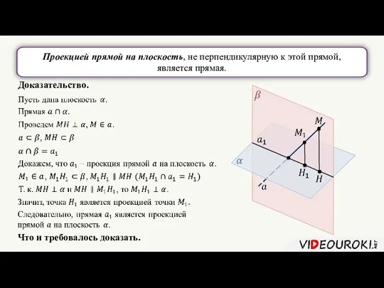 Проекцией прямой на плоскость, не перпендикулярную к этой прямой, является прямая. Доказательство. Что и требовалось доказать.