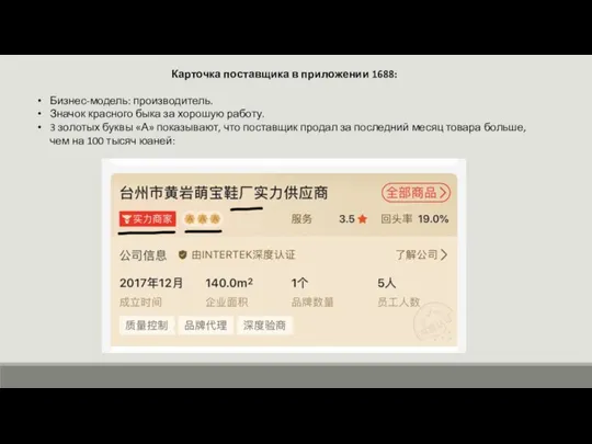 Карточка поставщика в приложении 1688: Бизнес-модель: производитель. Значок красного быка за хорошую