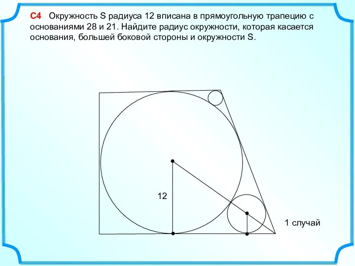 С4 Окружность S радиуса 12 вписана в прямоугольную трапецию с основаниями 28