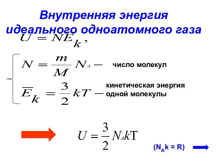 Внутренняя энергия идеального одноатомного газа число молекул кинетическая энергия одной молекулы (NAk = R)