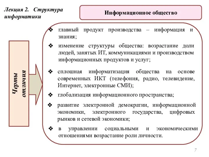 главный продукт производства – информация и знания; изменение структуры общества: возрастание доли