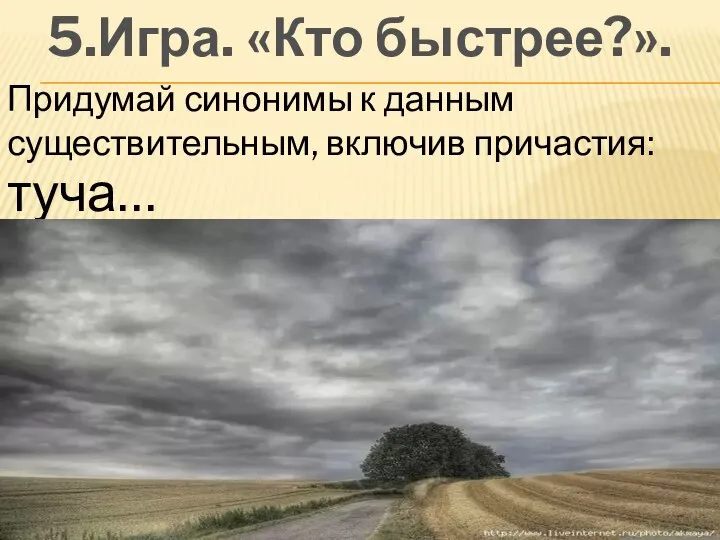 5.Игра. «Кто быстрее?». Придумай синонимы к данным существительным, включив причастия: туча…