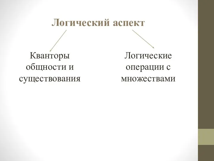 Логический аспект Кванторы общности и существования Логические операции с множествами