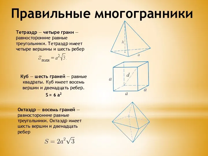 Тетраэдр — четыре грани — равносторонние равные треугольники. Тетраэдр имеет четыре вершины