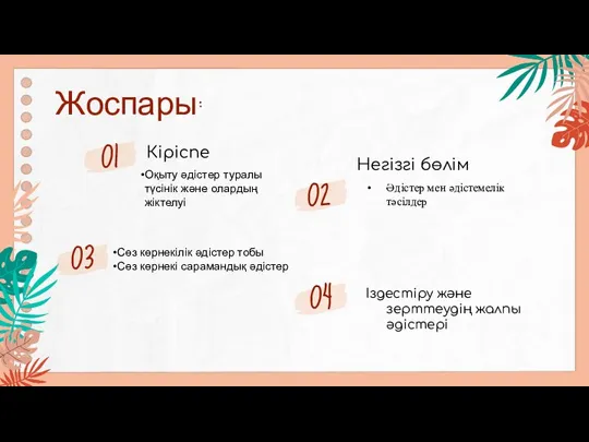 Кіріспе Негізгі бөлім Әдістер мен әдістемелік тәсілдер Іздестіру және зерттеудің жалпы әдістері