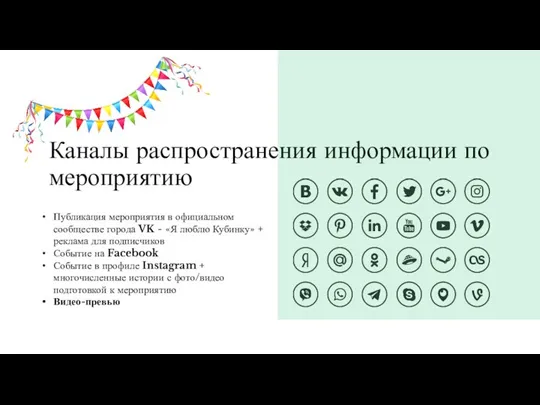 Каналы распространения информации по мероприятию Публикация мероприятия в официальном сообществе города VK