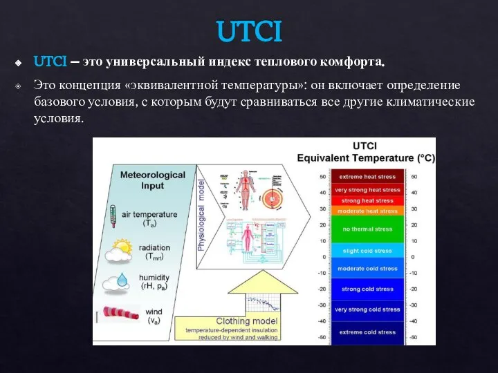 UTCI UTCI – это универсальный индекс теплового комфорта. Это концепция «эквивалентной температуры»: