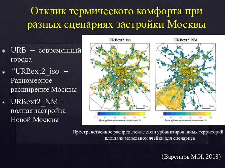 Отклик термического комфорта при разных сценариях застройки Москвы Пространственное распределение доли урбанизированных