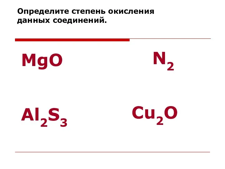 Определите степень окисления данных соединений. MgO N2 Al2S3 Cu2O
