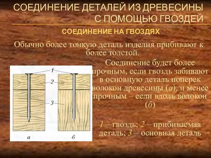 СОЕДИНЕНИЕ ДЕТАЛЕЙ ИЗ ДРЕВЕСИНЫ С ПОМОЩЬЮ ГВОЗДЕЙ Обычно более тонкую деталь изделия