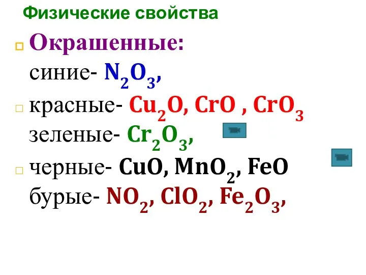 Физические свойства Окрашенные: синие- N2O3, красные- Cu2O, CrO , CrO3 зеленые- Cr2O3,