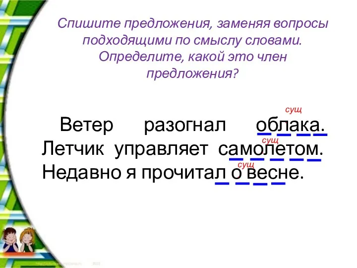 Ветер разогнал облака. Летчик управляет самолетом. Недавно я прочитал о весне. Спишите