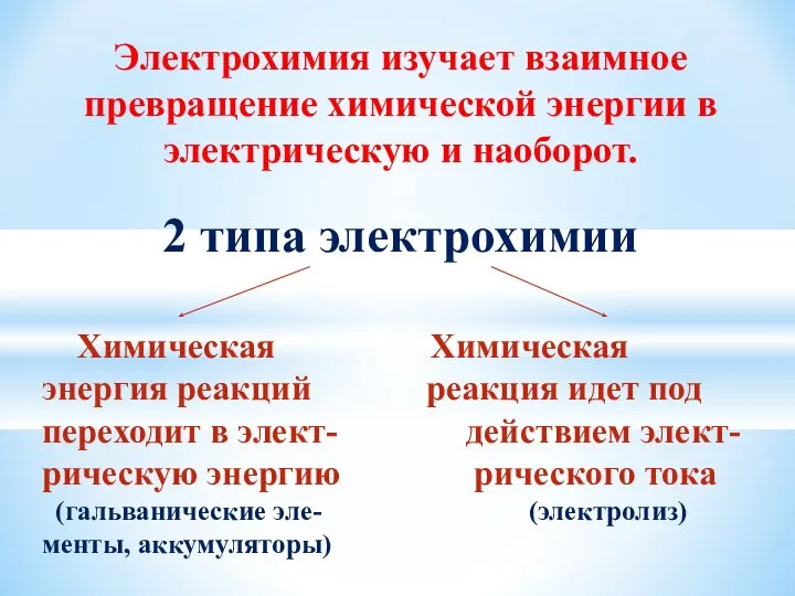 Электрохимия изучает взаимное превращение химической энергии в электрическую и наоборот. 2 типа