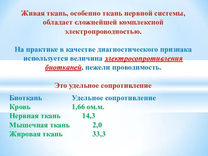 Живая ткань, особенно ткань нервной системы, обладает сложнейшей комплексной электропроводностью. На практике