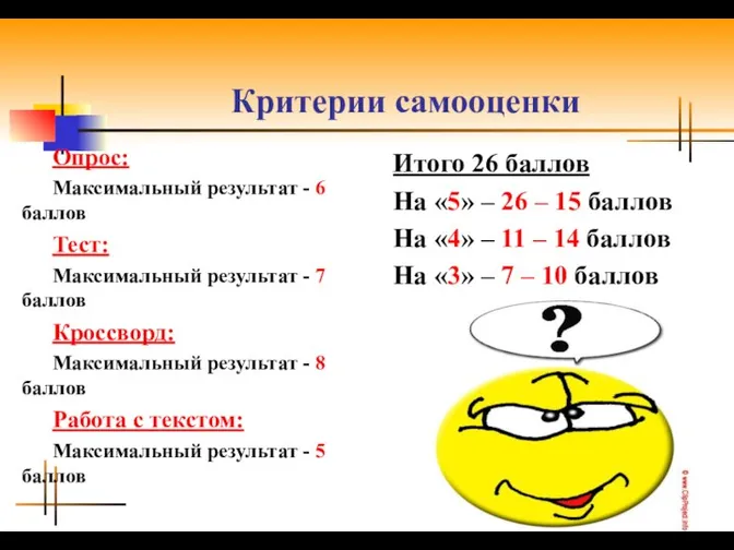 Критерии самооценки Опрос: Максимальный результат - 6 баллов Тест: Максимальный результат -