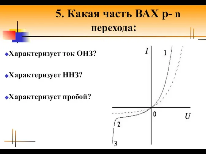 5. Какая часть ВАХ р- n перехода: Характеризует ток ОНЗ? Характеризует ННЗ? Характеризует пробой?