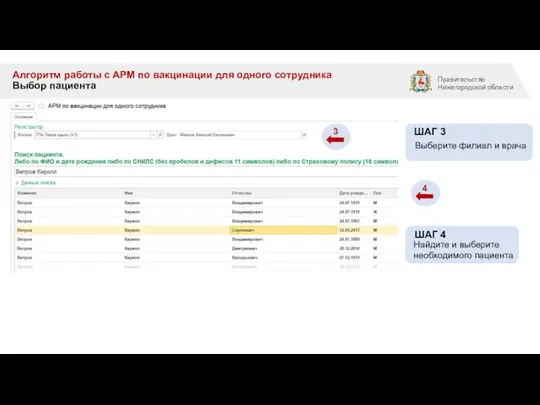 Алгоритм работы с АРМ по вакцинации для одного сотрудника Выбор пациента