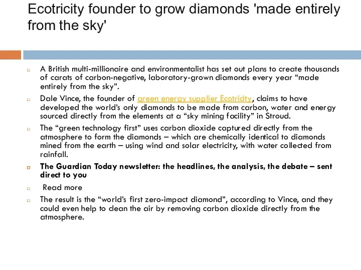 Ecotricity founder to grow diamonds 'made entirely from the sky' A British