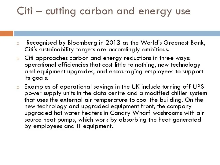 Citi – cutting carbon and energy use Recognised by Bloomberg in 2013