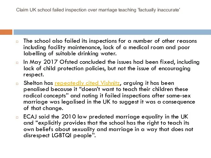 Claim UK school failed inspection over marriage teaching 'factually inaccurate' The school