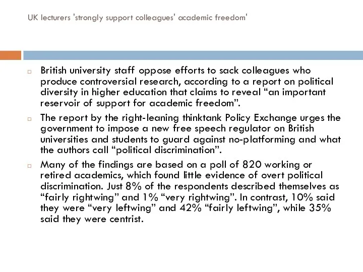 UK lecturers 'strongly support colleagues' academic freedom' British university staff oppose efforts