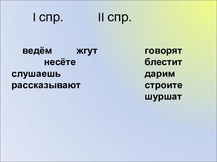 I спр. II спр. ведём жгут несёте слушаешь рассказывают говорят блестит дарим строите шуршат