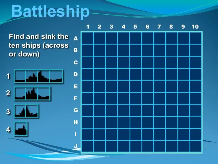 Battleship 1 2 3 4 Find and sink the ten ships (across or down)