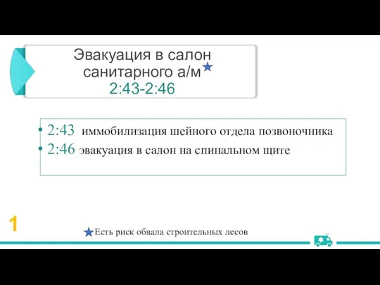 Эвакуация в салон санитарного а/м 2:43-2:46 2:43 иммобилизация шейного отдела позвоночника 2:46