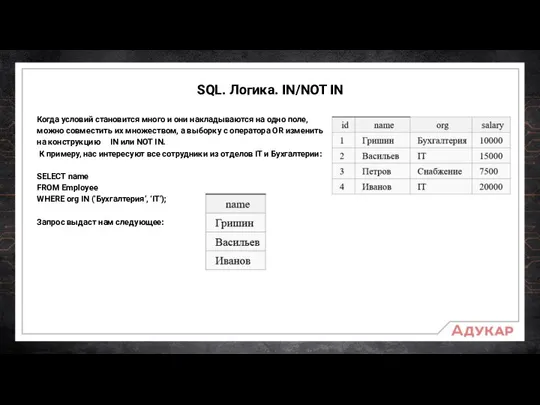 SQL. Логика. IN/NOT IN Когда условий становится много и они накладываются на