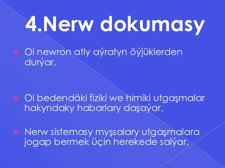 4.Nerw dokumasy Ol newron atly aýratyn öýjüklerden durýar. Ol bedendäki fiziki we