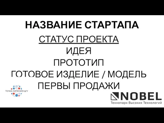 СТАТУС ПРОЕКТА ИДЕЯ ПРОТОТИП ГОТОВОЕ ИЗДЕЛИЕ / МОДЕЛЬ ПЕРВЫ ПРОДАЖИ НАЗВАНИЕ СТАРТАПА