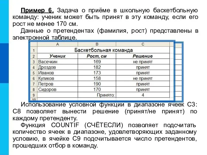 Пример 6. Задача о приёме в школьную баскетбольную команду: ученик может быть