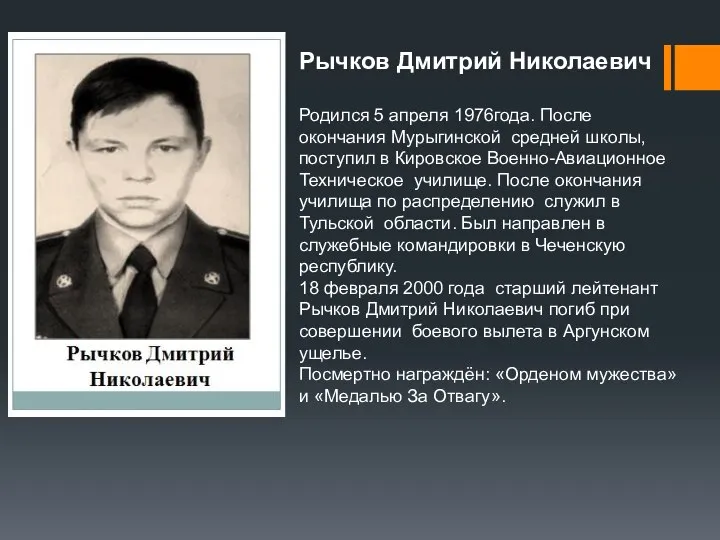 Рычков Дмитрий Николаевич Родился 5 апреля 1976года. После окончания Мурыгинской средней школы,