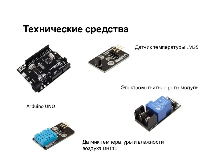 Технические средства Датчик температуры LM35 Датчик температуры и влажности воздуха DHT11 Электромагнитное реле модуль Arduino UNO