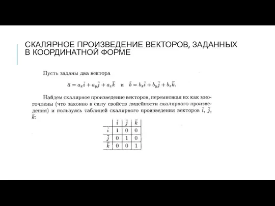 СКАЛЯРНОЕ ПРОИЗВЕДЕНИЕ ВЕКТОРОВ, ЗАДАННЫХ В КООРДИНАТНОЙ ФОРМЕ