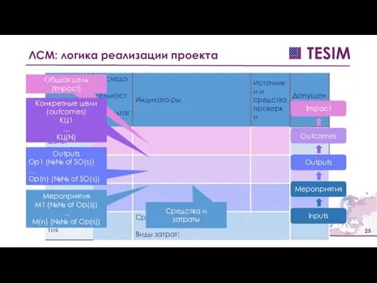 ЛСМ: логика реализации проекта Общая цель (impact) Конкретные цели (outcomes) КЦ1 …