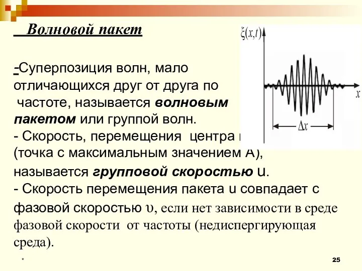 Волновой пакет -Суперпозиция волн, мало отличающихся друг от друга по частоте, называется
