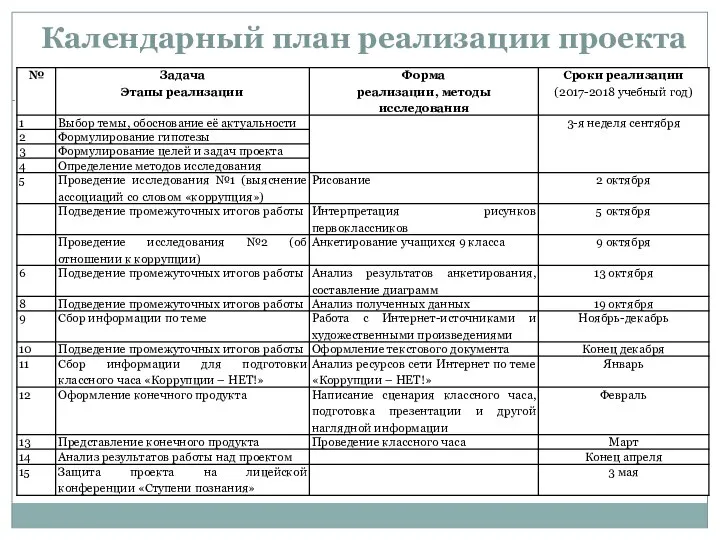 Календарный план реализации проекта