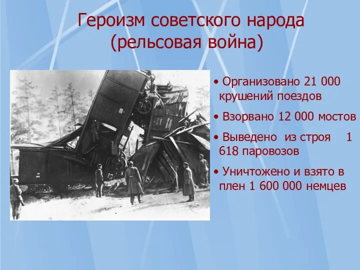 Героизм советского народа (рельсовая война) Организовано 21 000 крушений поездов Взорвано 12